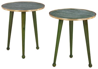 PAIR OF ROUND DRINKS TABLES HAVING GREEN CERUSED OAK TOPS BOUND IN BRASS RESTING ON GREEN LEGS. 