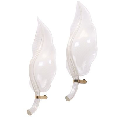 PAIR OF MURANO GLASS LEAF FORM SCONCES HAVING CLEAR AND WHITE GLASS C 1970. Pair of Murano glass 