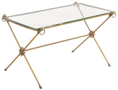 FRENCH BRASS AND GLASS COFFEE TABLE IN THE MANNER OF ADNET C 1950. French brass and glass 