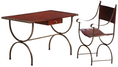 FRENCH IRON AND LEATHER DESK AND CHAIR IN THE MANNER OF JANSEN C 1950. French iron and leather 