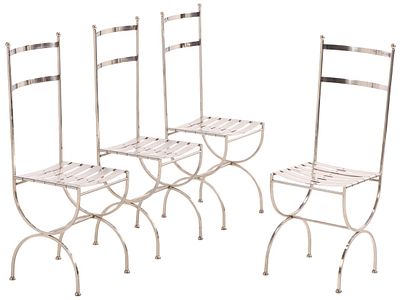 FOUR FRENCH POLISHED STEEL SIDE CHAIRS ATTRIBUTED TO JANSEN C 1970. Four French polished steel 