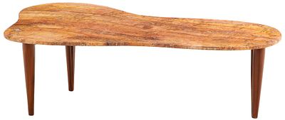 BIOMORPHIC WOOD AND MARBLE COFFEE TABLE HAVING THREE LEGS. Biomorphic wood and marble coffee 