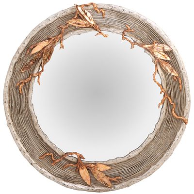 A CONTEMPORARY ROUND WOOD AND GESSO MIRROR IN THE MANNER OF LALANNE HAVING SILVER AND COPPER FINISH,