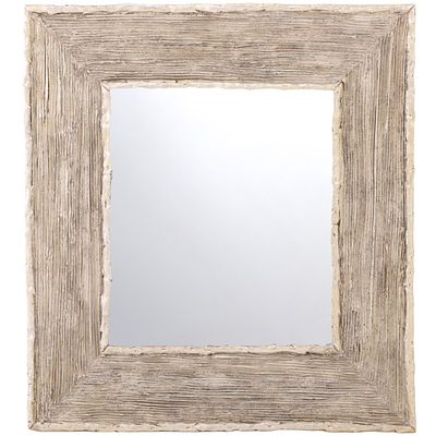 A CONTEMPORARY WOOD AND GESSO MIRROR HAVING A SILVER FINISH. A contemporary wood and gesso 