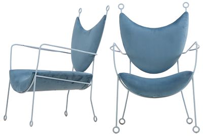 PAIR OF PAINTED IRON AND UPHOLSTERED OPEN ARM CHAIRS IN THE MANNER OF JEAN ROYERE. Pair of 