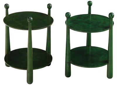 PAIR OF OLIVE WOOD END TABLES WITH BAT FORM LEGS IN THE MANNER OF JEAN ROYERE HAVING A GREEN TINT. 