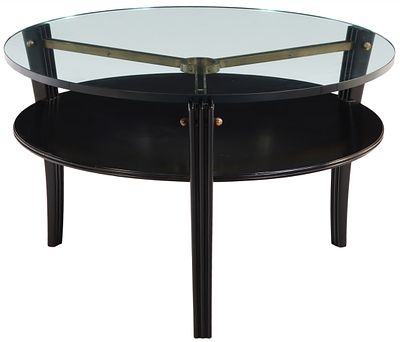EBONIZED WOOD AND BRONZE COFFEE TABLE HAVING A THICK GLASS TOP C 1960. Ebonized wood and bronze 