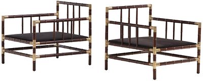 PAIR TURNED WOOD FAUX BAMBOO BRASS MOUNTED OPEN ARM CHAIRS IN THE MANNER OF BILLY HAINES C 1970. 