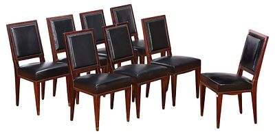 EIGHT FRENCH MAHOGANY AND LEATHER DINING CHAIRS C 1940 IN THE MANNER OF JEAN-MICHEL FRANK. A NINTH. 