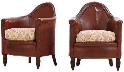 PAIR OF FRENCH ART DECO LOUNGE CHAIRS C 1940 WITH BRASS TACK DETAILS. NOT LEATHER. Pair of 