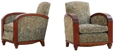 PAIR FRENCH ART DECO MAHOGANY UPHOLSTERED LOUNGE CHAIRS C 1935. Pair French Art Deco mahogany 