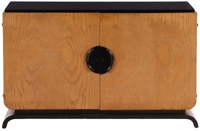 FRENCH ART DECO OAK AND EBONIZED CABINET HAVING A BLACK GLASS TOP AND TWO DOORS OPENING TWO DRAWERS