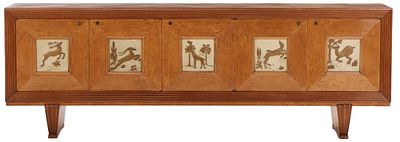 LARGE ITALIAN MAPLE ART DECO SIDEBOARD HAVING SQUARE PANELS DEPICTING VARIOUS ANIMALS C 1040. La 