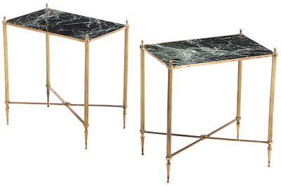 PAIR OF FRENCH BRASS AND MARBLE DIRECTOIRE STYLE TABLES IN THE MANNER OF JANSEN C 1950. Pair of 