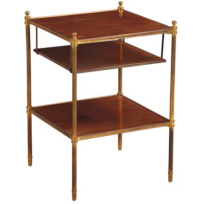 FRENCH MAHOGANY AND BRASS TABLE IN THE MANNER OF JANSEN C 1950 HAVING AN UNUSUAL HANGING THIRD. F 