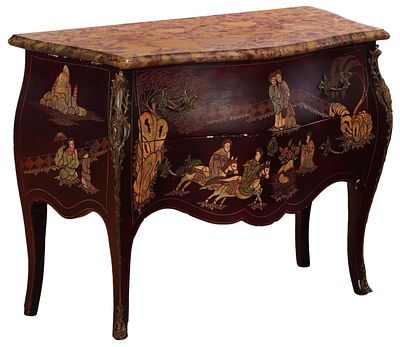FRENCH CHINOISERIE DECORATED MARBLE TOP BOMBAY COMMODE WITH BRONZE MOUNTS C 1950. French 