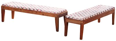 PAIR CABINET MADE BENCHES WITH HAND PAINTED FABRIC SEATS. DESIGNED TO HAVE A FABRIC SKIRT. Pair 