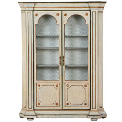 PAINTED AND GILT TWO DOOR CABINET HAVING WIRE ARCHED DOOR PANELS C 1950. Painted and gilt two 