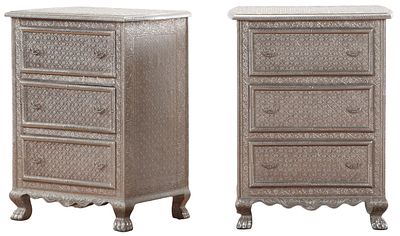 UNUSUAL PAIR OF INDIAN METAL CLAD THREE DRAWERS CHESTS. Unusual pair of Indian metal clad three 