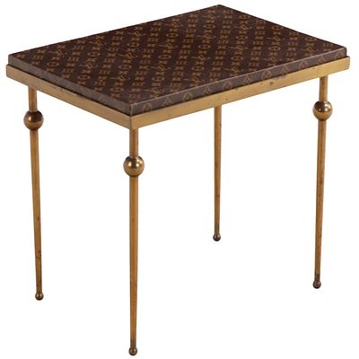 FRENCH BRASS OCCASIONAL TABLE C 1940 COVERED WITH LOUIS VUITTON FABRIC. French brass occasional 