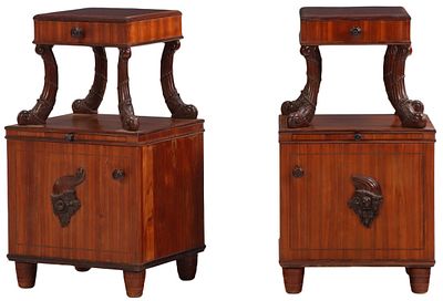 PAIR OF CARVED MAHOGANY NIGHT STANDS HAVING PULL OUT TRAYS AND PORCELAIN LINED CABINETS C 1900. 