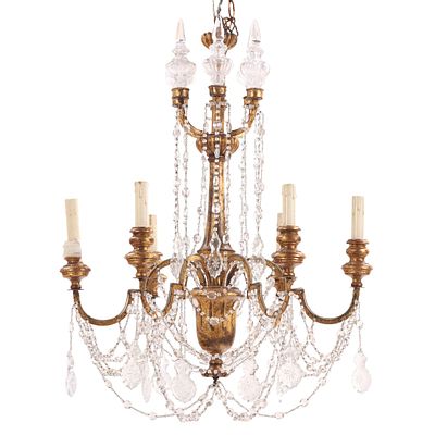 SIX ARM ITALIAN GILTWOOD AND CRYSTAL CHANDELIER. Six arm Italian giltwood and crystal 