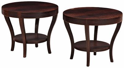 PAIR ROUND LEATHER END TABLES HAVING THE TEXTURE OF ALLIGATOR SKIN. Pair round leather end 