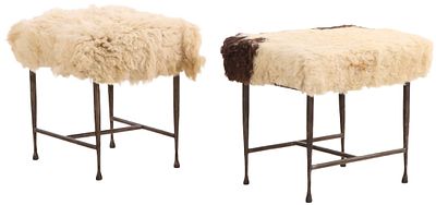 PAIR OF HAND HAMMERED IRON BENCHES WITH FAUX FUR UPHOLSTERY. Pair of hand hammered iron benches 