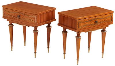 PAIR OF FRENCH BRONZE MOUNTED NIGHT STANDS HAVING A SINGLE DRAWER AND TAPERED LEGS C 1950. Pair 