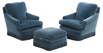 PAIR OF FRENCH BLUE VELVET COVERED LOUNGE CHAIRS IN THE MANNER OF JANSEN C 1960 WITH MATCHING. Pa 