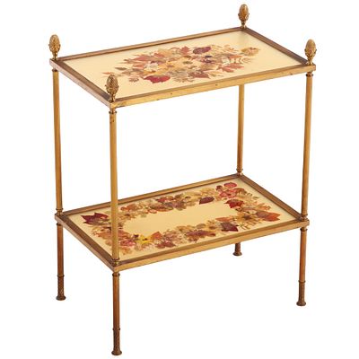FRENCH BRASS OCCASIONAL TABLE C 1945 HAVING DRIED FLOWERS BETWEEN LAYERS OF PLEXI. French brass 