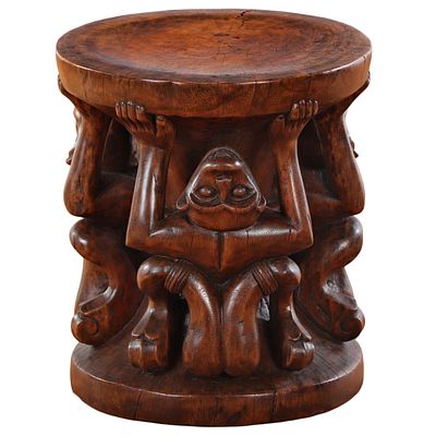 INDONESIAN CARVED FIGURAL CARYATID WOODEN STOOL. Indonesian carved figural caryatid wooden 