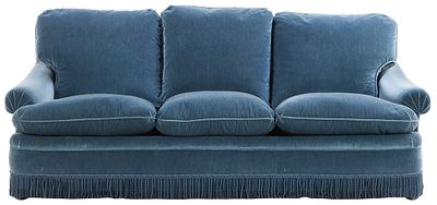 FRENCH BLUE VELVET COVERED THREE SEAT SOFA IN THE MANNER OF JANSEN C 1960. French blue velvet 