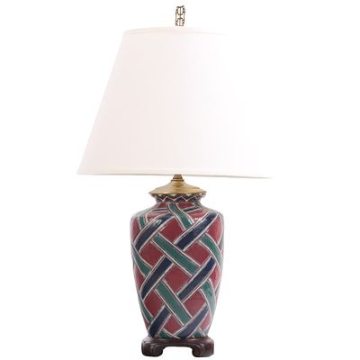 A CERAMIC TABLE LAMP WITH BASKET WEAVE DESIGN. A ceramic table lamp with basket weave design. 