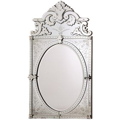VENETIAN STYLE ETCHED GLASS MIRROR. Venetian style etched glass mirror. Ht: 61.5" Wd: 34" Dpth: 