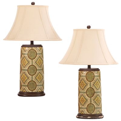 A PAIR OF CERAMIC HARLEQUIN STYLE TABLE LAMPS. A pair of ceramic harlequin style table lamps. 