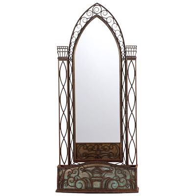 FRENCH HAND HAMMERED IRON AND COPPER ART DECO HALL MIRROR WITH PLANTER BASE C 1935. French hand 