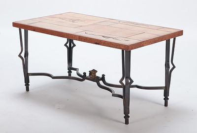 FRENCH IRON COFFEE TABLE CAPRON. A French iron coffee table with tile top attributed to Capron. 
