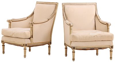 PAIR OF FRENCH PAINTED AND CARVED WOOD LOUIS XVI STYLE BERGERE CHAIRS C 1920. Pair of French 