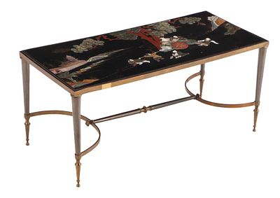 BRASS AND STEEL FRENCH COFFEE TABLE HAVING A CHINOISERIE DECORATED WOOD TOP IN THE MANNER OF JANSEN