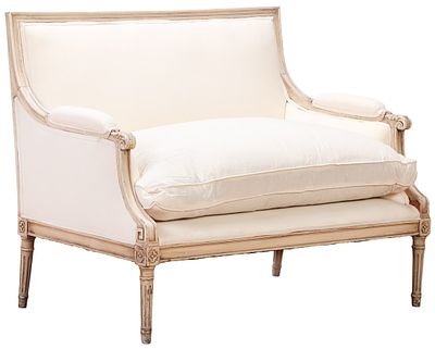 LOUIS XVI STYLE PAINTED SETTEE ATTRIBUTED TO JANSEN C 1945. RECENTLY RECOVERED. FOUND ENSUITE. L 