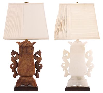 PAIR OF VINTAGE EAST ASIAN STYLE TABLE LAMPS, CARVED BROWN AND WHITE ONYX WITH DRAGON HANDLES,. P 