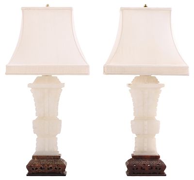 PAIR VINTAGE EAST ASIAN STYLE ONYX TABLE LAMPS, CARVED WHITE ALABASTER WITH BROWN VASES, TAGGED. 