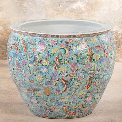 MONUMENTAL CHINESE FAMILLE ROSE FISH BOWL WITH BUTTERFLY DECORATION C. 20TH CENTURY. Monumental 