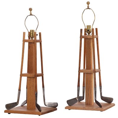 PAIR OF GOLF THEMED TABLE LAMPS CRAFTED OF OAK AND VINTAGE GOLF CLUBS C 1990. Pair of golf 