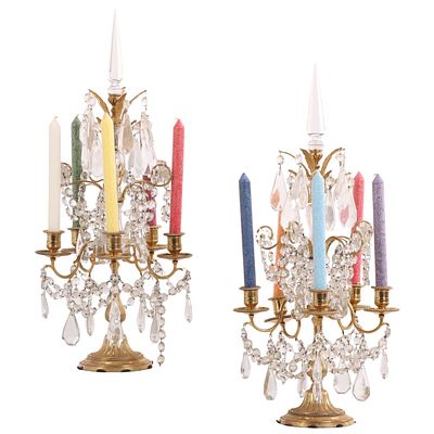 PAIR OF FRENCH GILT BRONZE AND CRYSTAL CANDELABRAS C. 1920. Pair of French gilt bronze and 