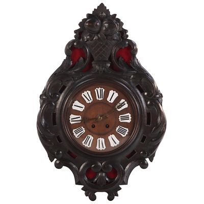 A FRENCH CARVED OAK WALL CLOCK WITH PENDULUM AND KEY, C 1900. A French carved oak wall clock 
