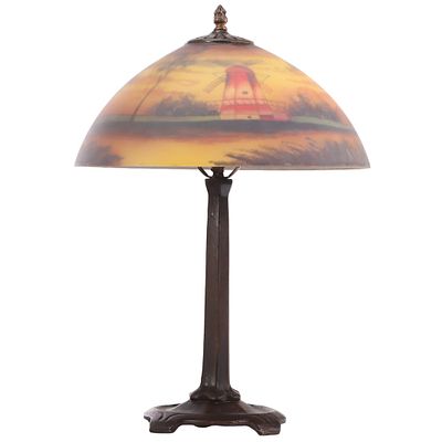 REPRODUCTION REVERSE PAINTED TABLE LAMP HAVING PATINATED METAL BASE C. 1980. Reproduction 