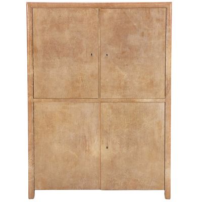 FOUR DOOR PARCHMENT COVERED CABINET HAVING INTERIOR DRAWERS AND SHELVES C 1955. Four door 