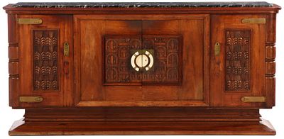 RARE AND UNUSUAL FRENCH CARVED MAHOGANY MARBLE TOP SIDEBOARD HAVING BONE HANDLES AND UNUSUAL. Rar 